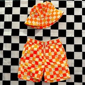 Cat & Jack Boys Orange and White Checker Smiley Swim Trunks Set with Sun Hat 6-7